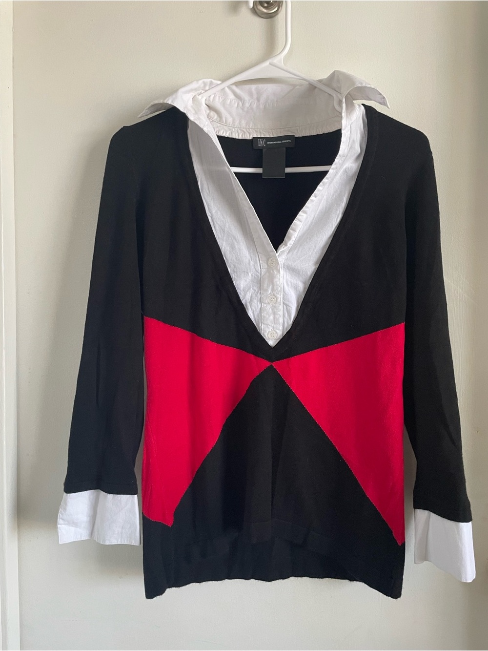 INC International Concepts Black and Red V-Neck Pullover with White Shirt Collar
